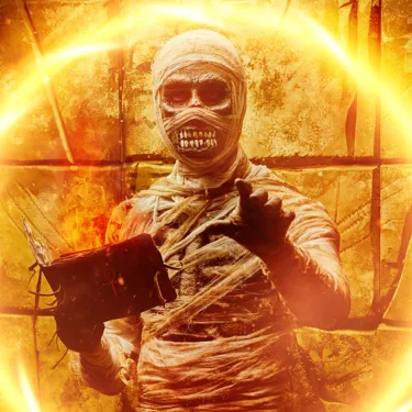 A mummy in a dungeon with a tattered spell book and an orange glowing spell