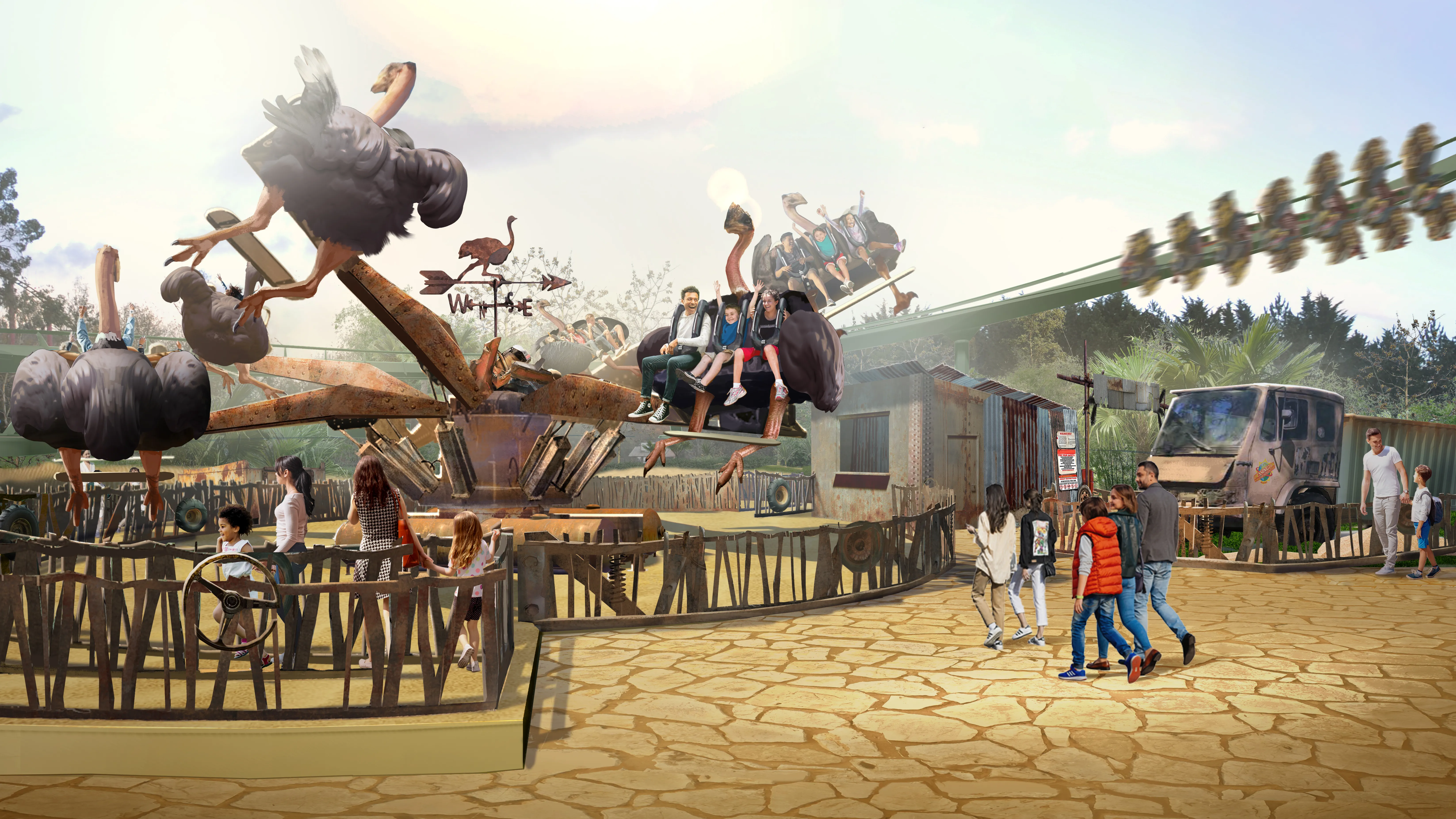 Ostrich Stampede ride World of Jumanji at Chessington World of Adventures