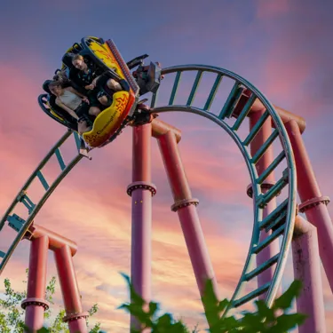 Kids laughing and smiling on Dragon's Fury at sunset